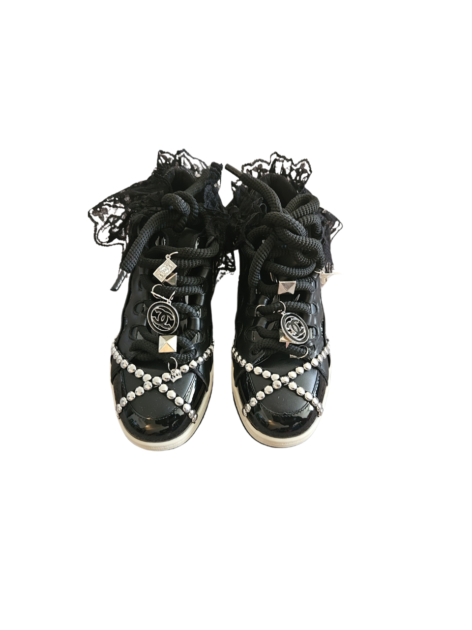 Custom patent leather and tribal print sneakers.