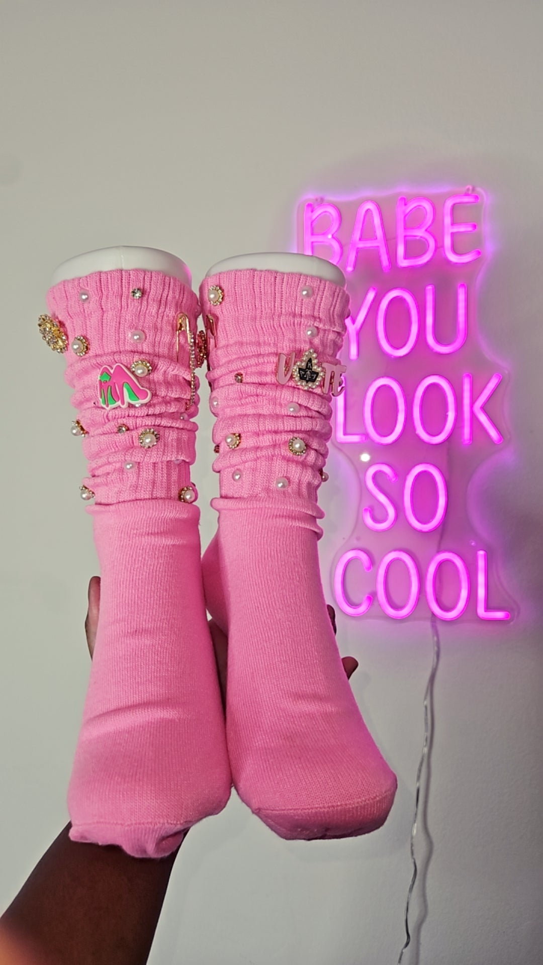 AKA Society Couture Junk Jeweled Socks – Pink with Gems & Pearls